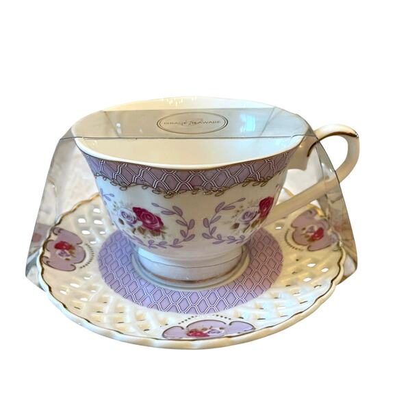 Grace Teaware Teacup & Saucer Floral Lavender Rose Lattice Gold Accents New - Picture 1 of 16